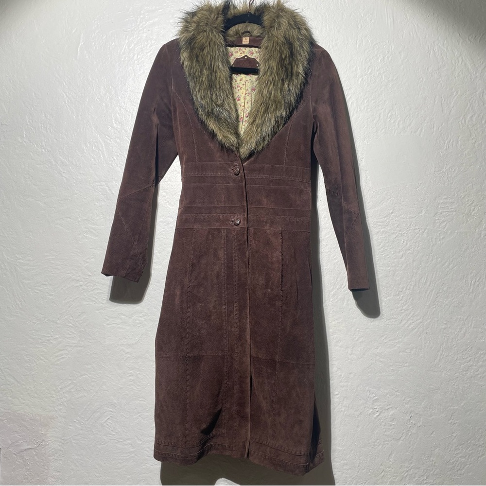 Wilsons Leather suede Brown Trench Coat with Faux Fur Collar - Picture 8 of 12